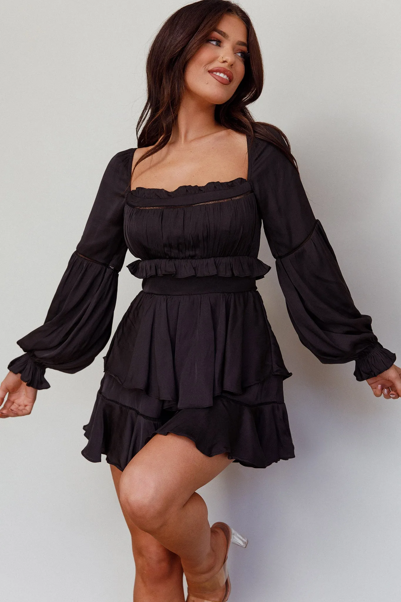 Alabama Long Sleeve Satin Romper Black