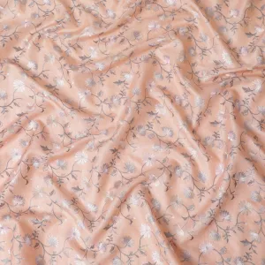 Apricot Blush Tussar Silk Fabric with Silver Embroidery, 110cm Width - Handcrafted Elegance from India-D17930