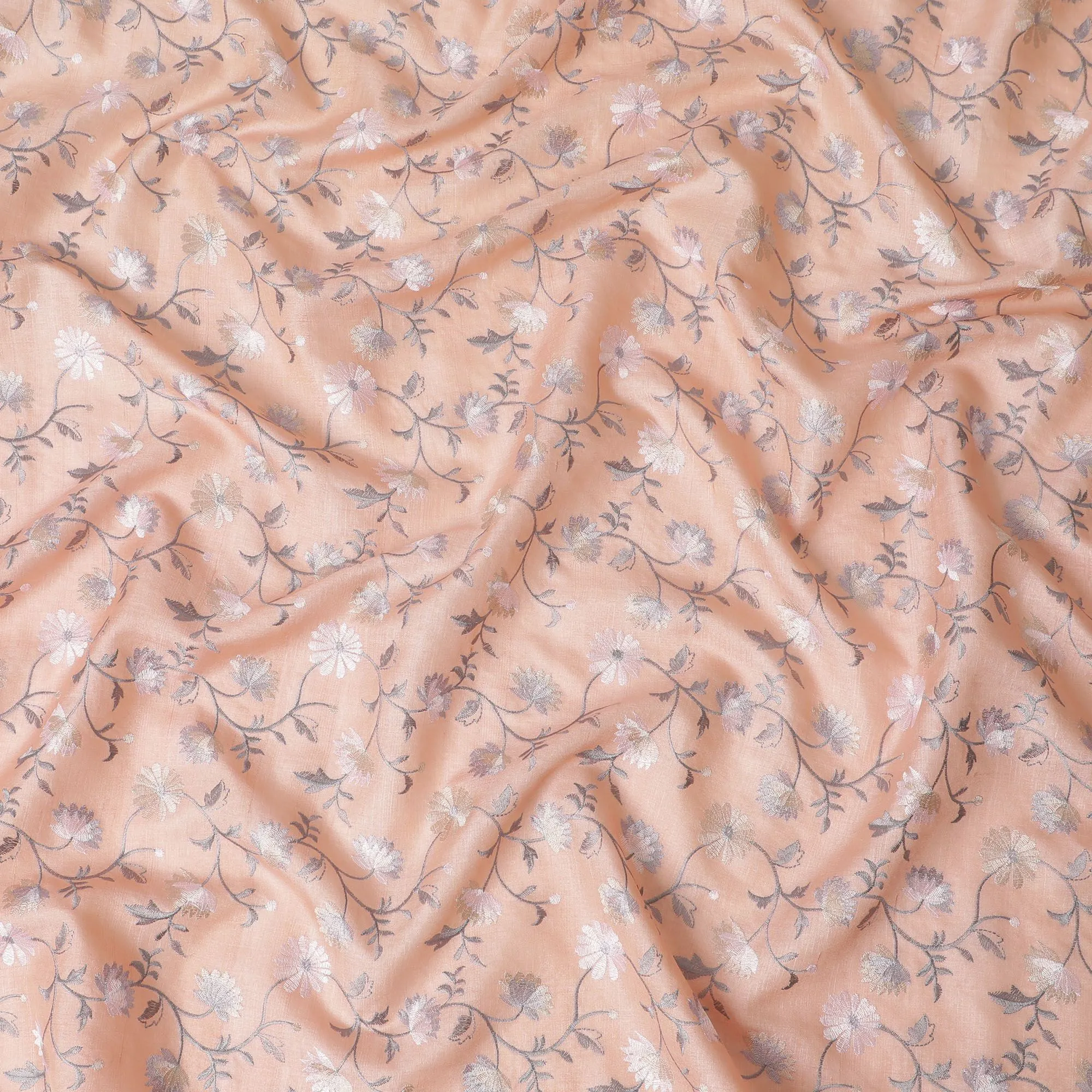 Apricot Blush Tussar Silk Fabric with Silver Embroidery, 110cm Width - Handcrafted Elegance from India-D17930