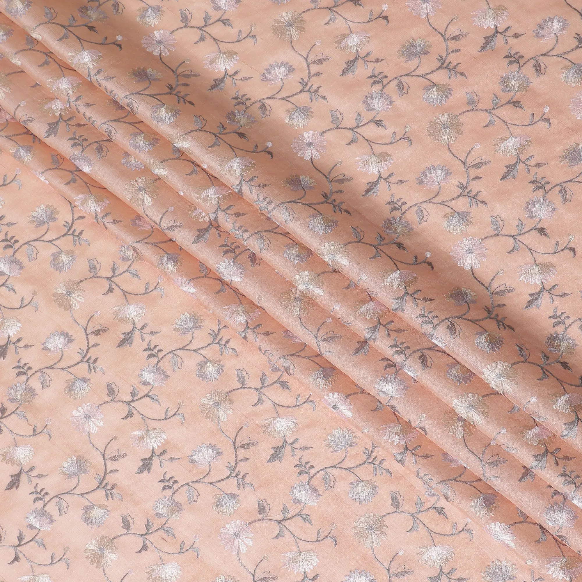 Apricot Blush Tussar Silk Fabric with Silver Embroidery, 110cm Width - Handcrafted Elegance from India-D17930