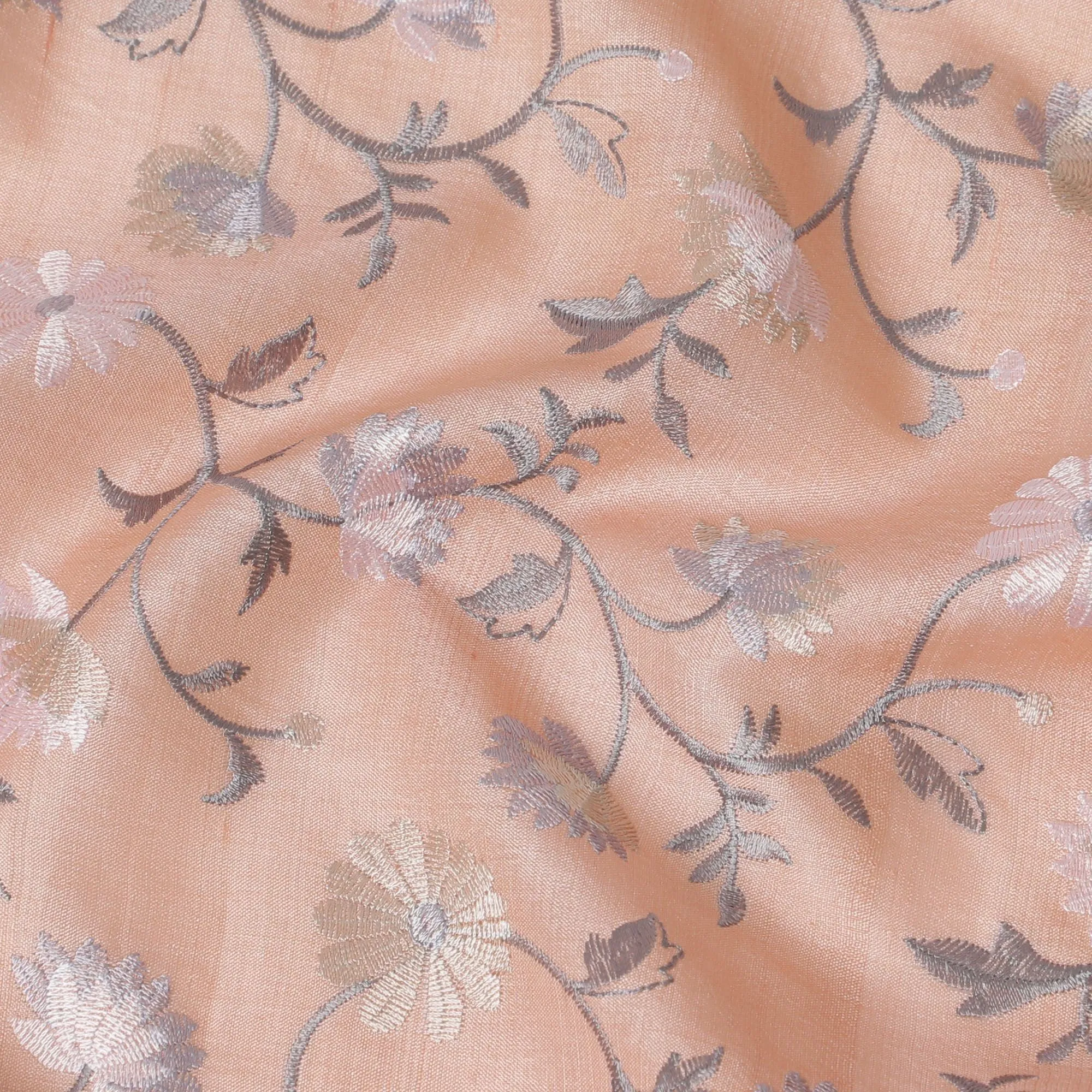 Apricot Blush Tussar Silk Fabric with Silver Embroidery, 110cm Width - Handcrafted Elegance from India-D17930