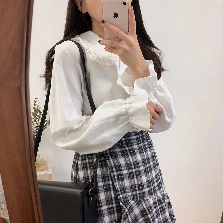 Basic Shirts Blouses Hot Sales Women Fashion Design Korean Preppy Style Flare Sleeve Peter Pan Collar White Button Shirt