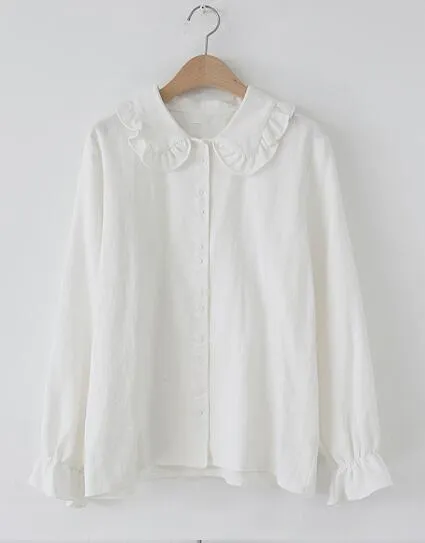 Basic Shirts Blouses Hot Sales Women Fashion Design Korean Preppy Style Flare Sleeve Peter Pan Collar White Button Shirt