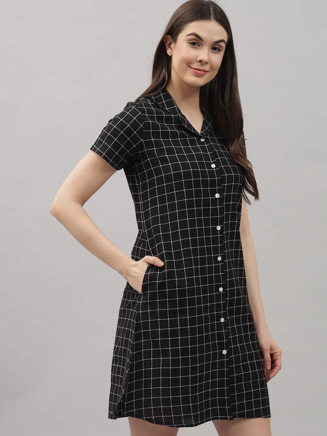 Black and White Check Knee Length Rayon Sleep Shirt by Shararat