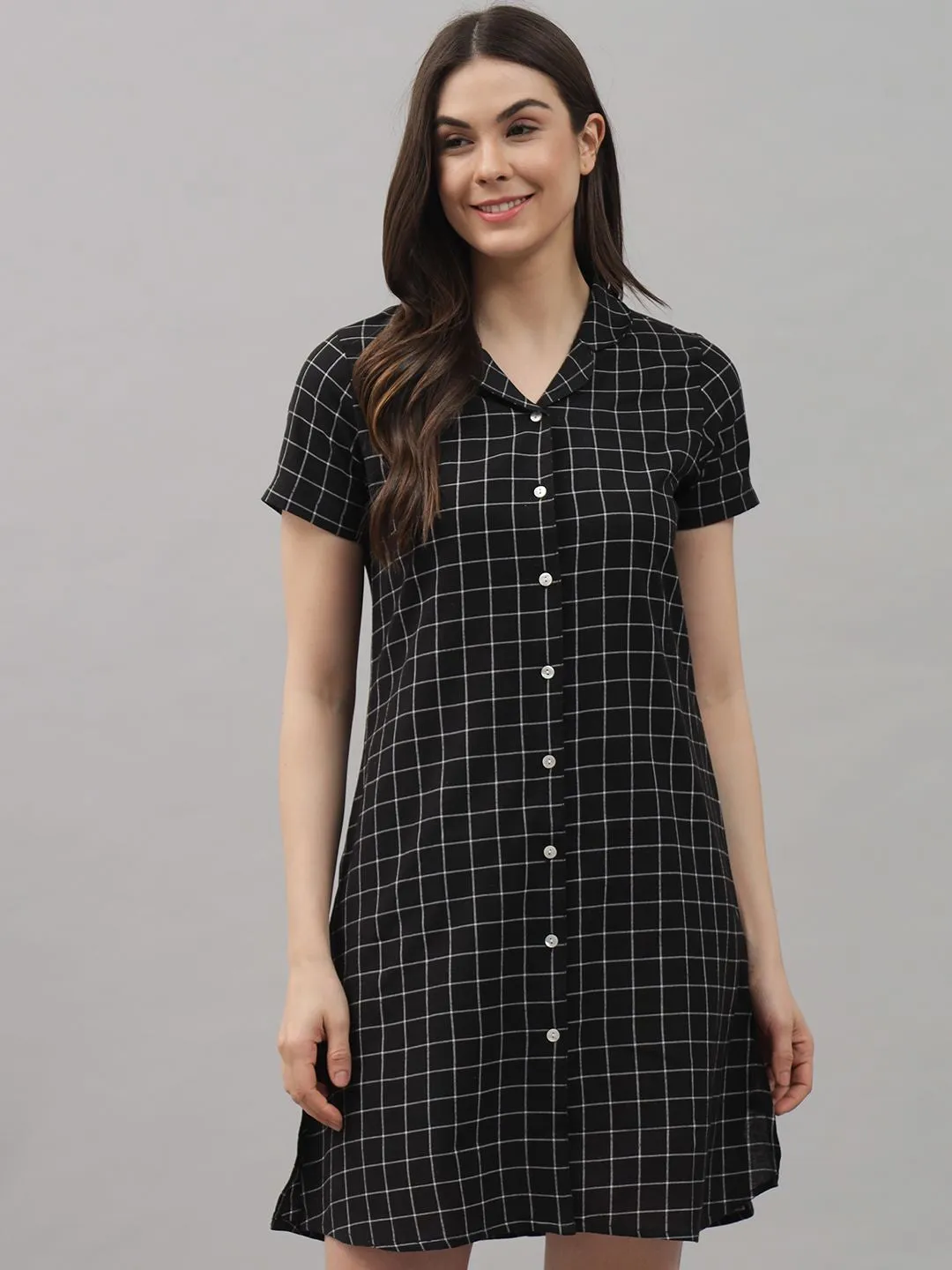 Black and White Check Knee Length Rayon Sleep Shirt by Shararat