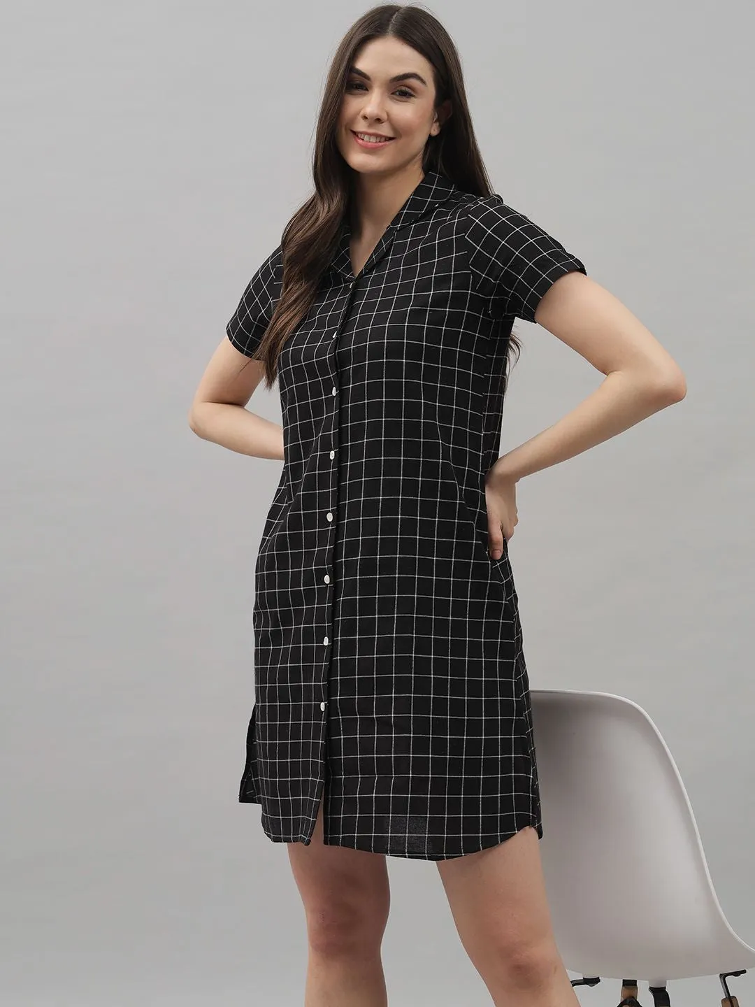 Black and White Check Knee Length Rayon Sleep Shirt by Shararat