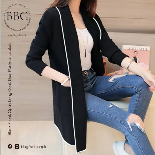 Black Front Open Long Coat Dual Pockets Jacket