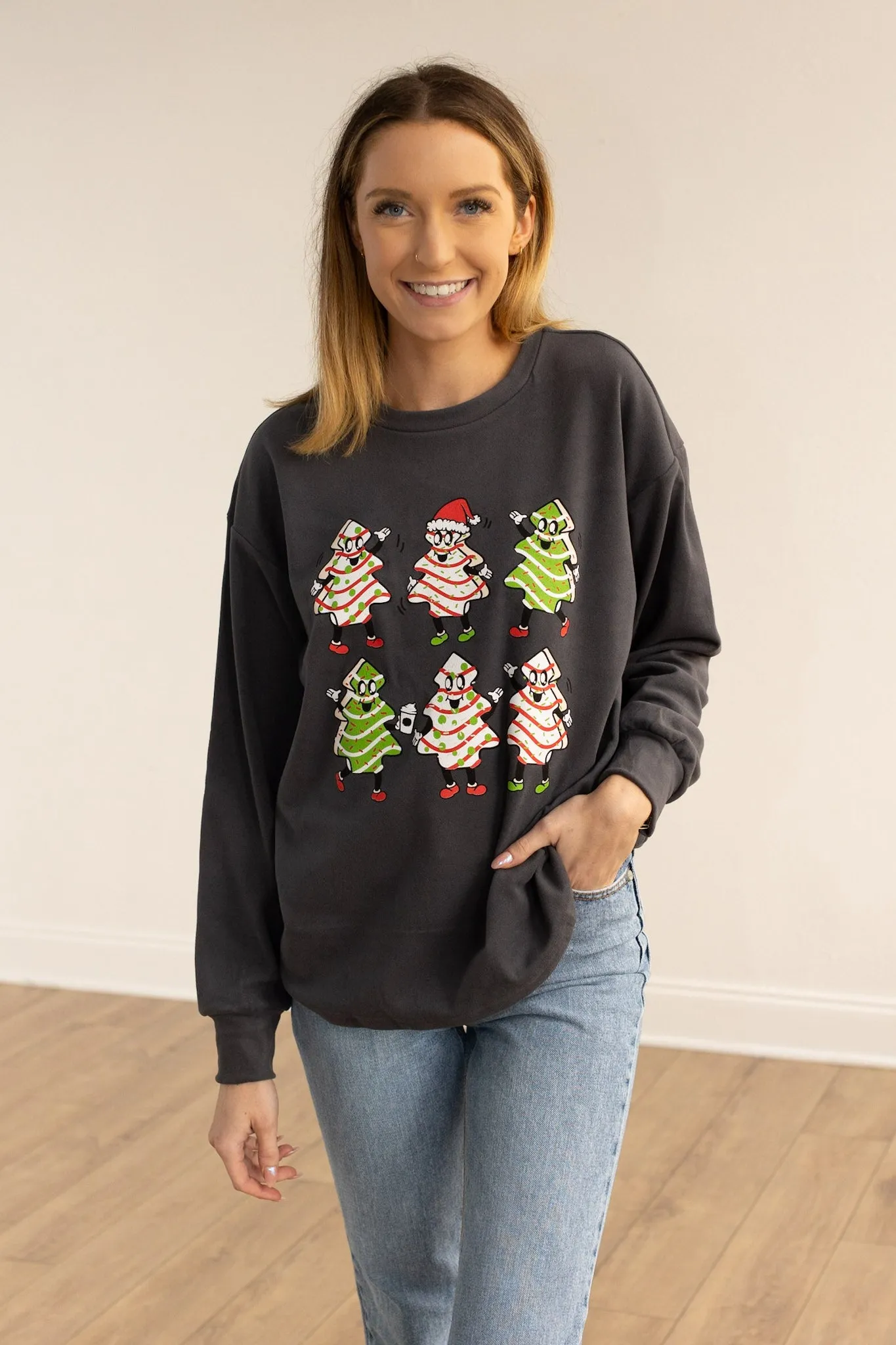 Christmas Trees on Grey Crazy Cozy Microfleece Crewneck