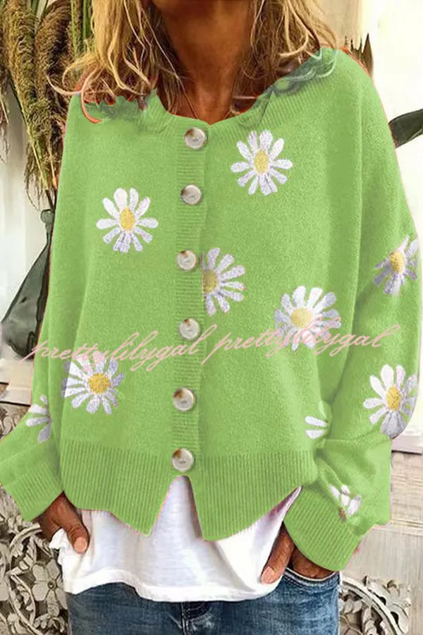 Chrysanthemum Embroidery Knitting Button Down Cardigan Coats