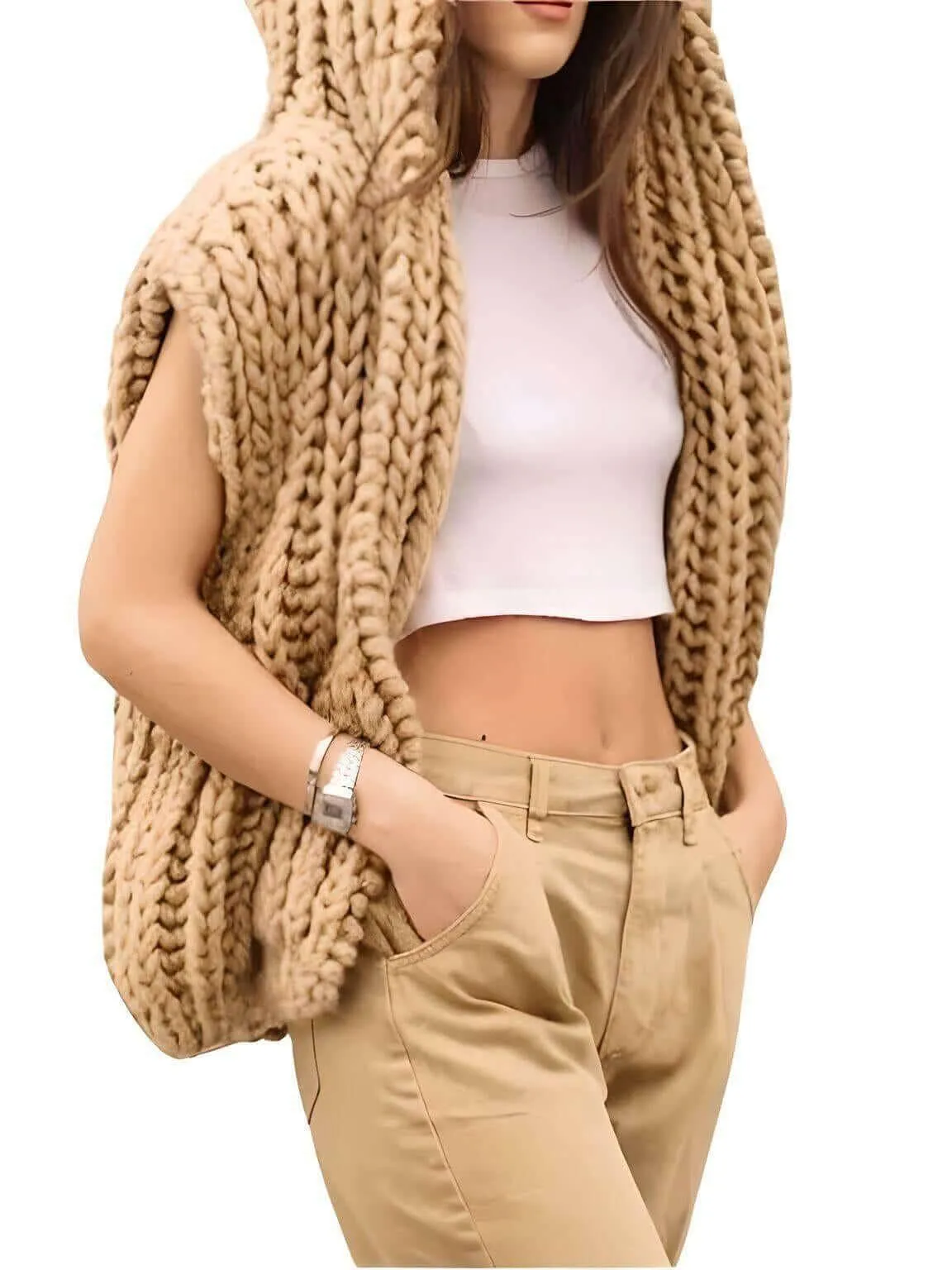 Chunky Knit Hooded Sweater Vest For Women