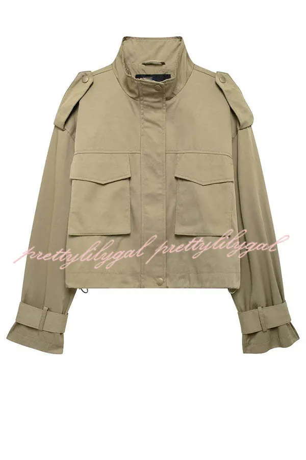 Classic Charm Strap Details Pocketed Cargo Style Zipper Loose Jacket