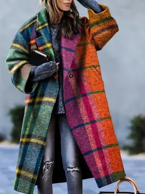 Coats Colorblock Plaid Print Long Sleeve Lapel Woolen Coat for Women