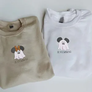 Custom Embroidered Halloween Ghost Mouse Hoodies for Couples | Personalized Date Design