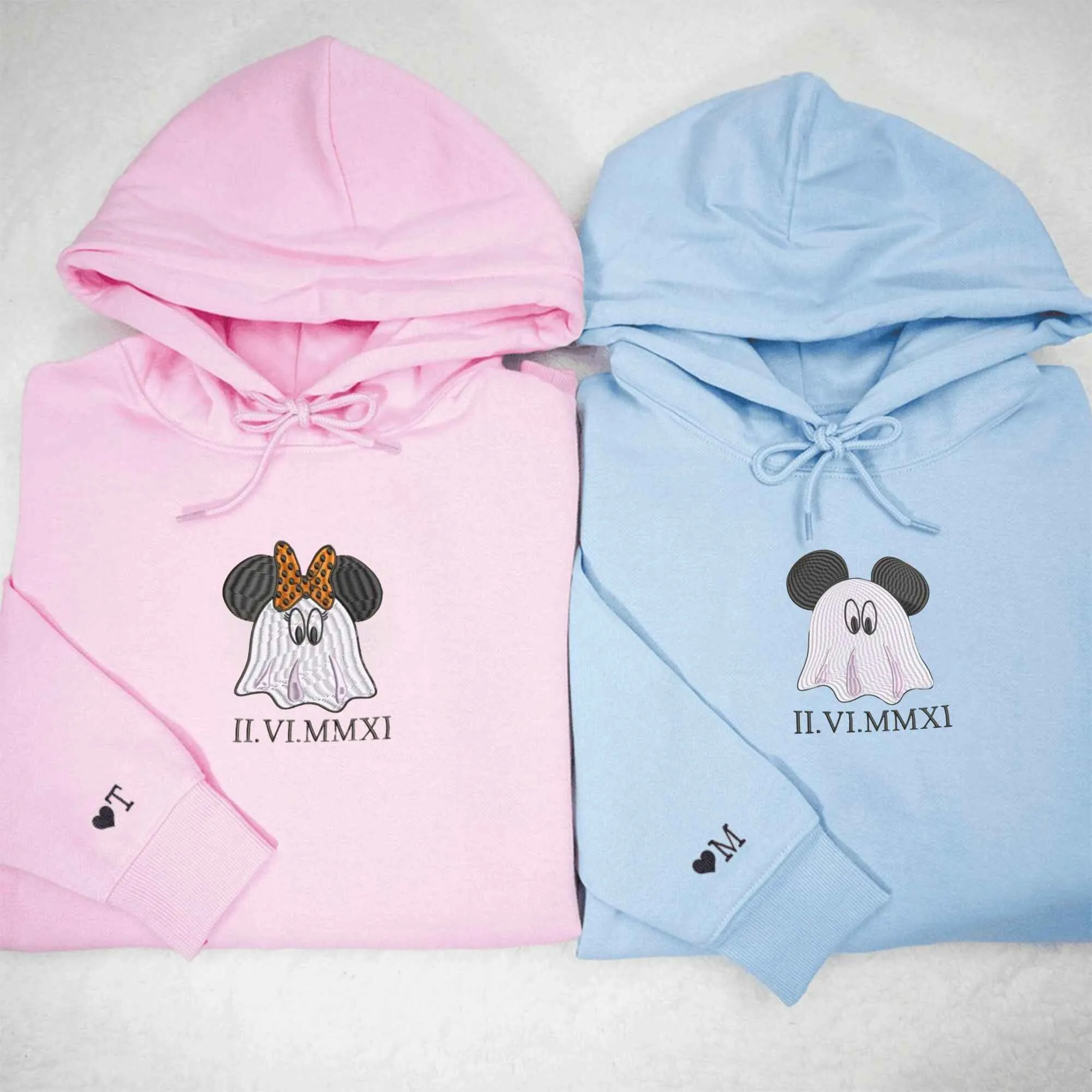 Custom Embroidered Halloween Ghost Mouse Hoodies for Couples | Personalized Date Design