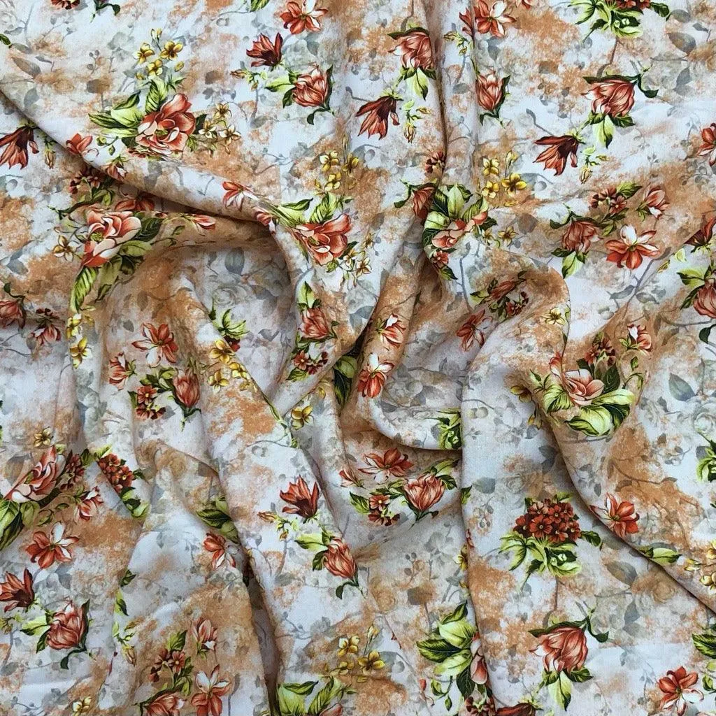 Digital Floral on Warm Beige and White Viscose Fabric