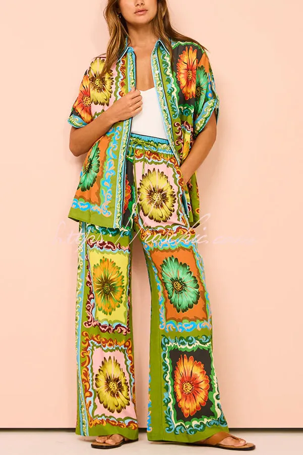 Disco Daisy Unique Printed Colorblock Button Oversized Shorts Set