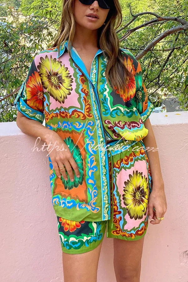 Disco Daisy Unique Printed Colorblock Button Oversized Shorts Set