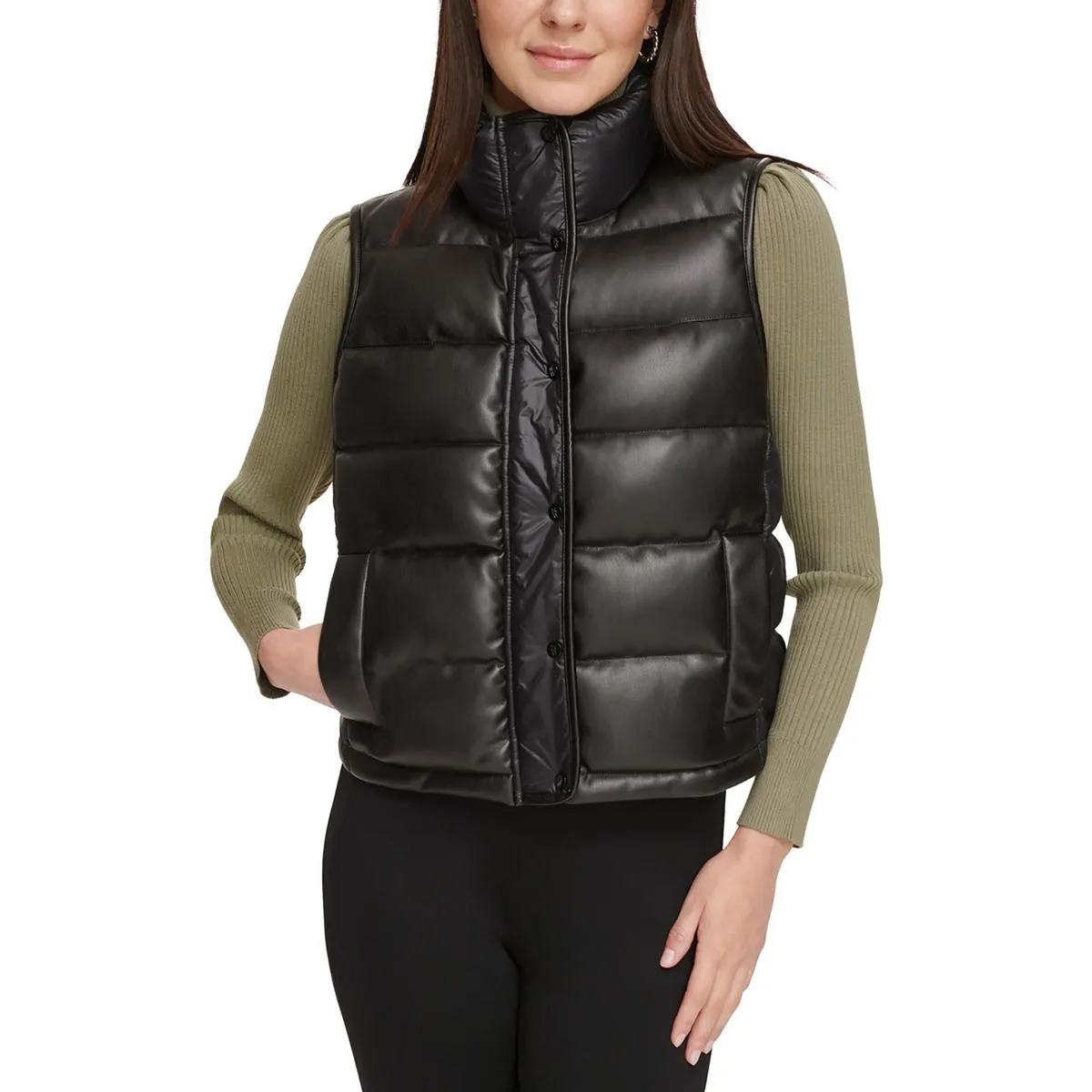 DKNY Womens Faux Leather Quilted Outerwear Vest