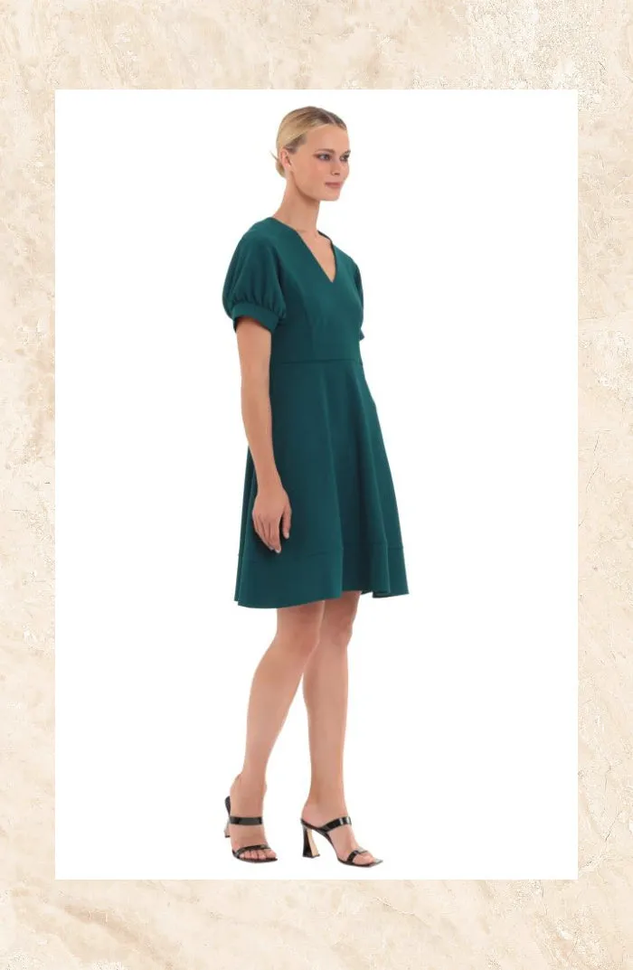 Donna Morgan V-Neck Dress With Puff Sleeve | Emerald