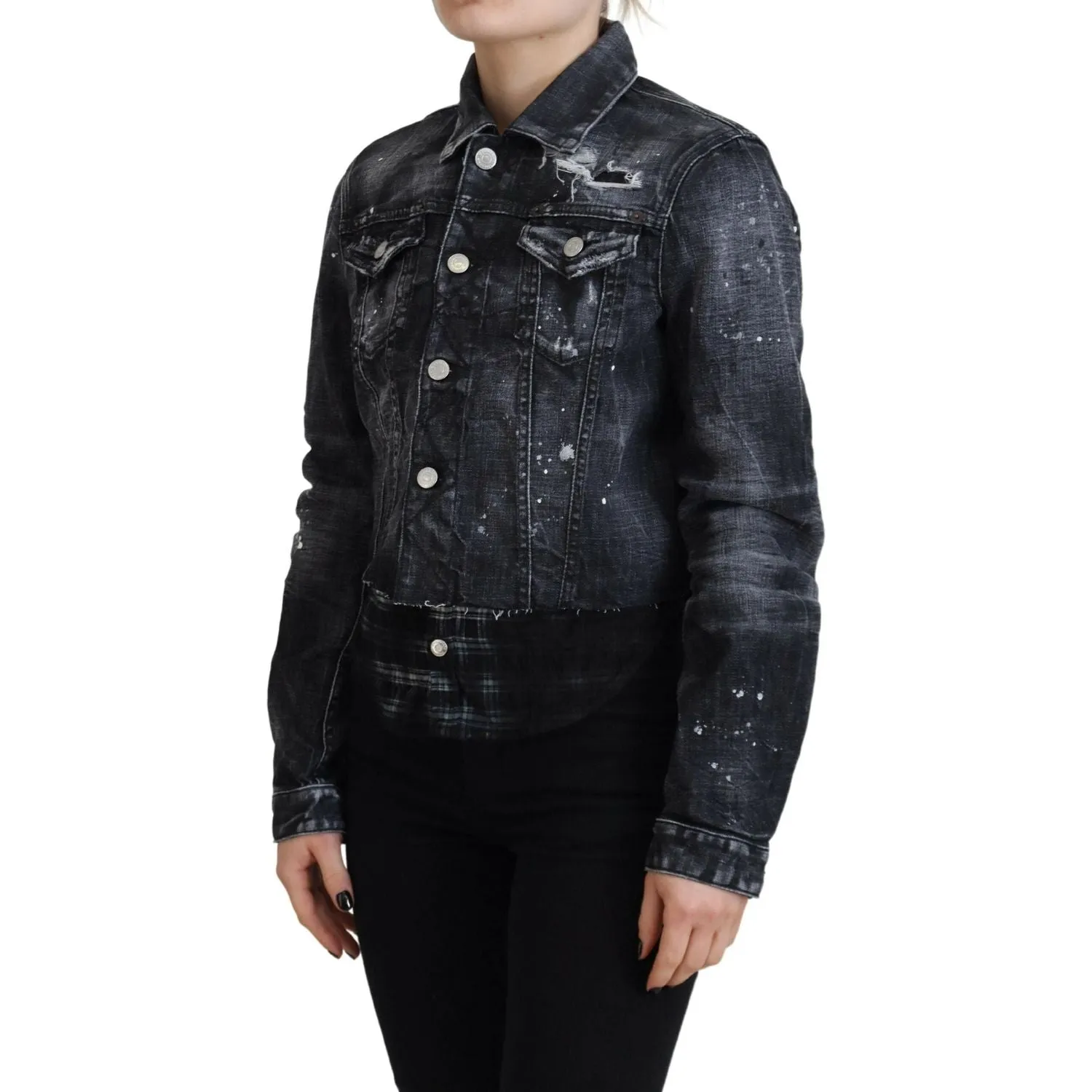 Dsquared² Gray Washed Cotton Distressed Denim Jacket