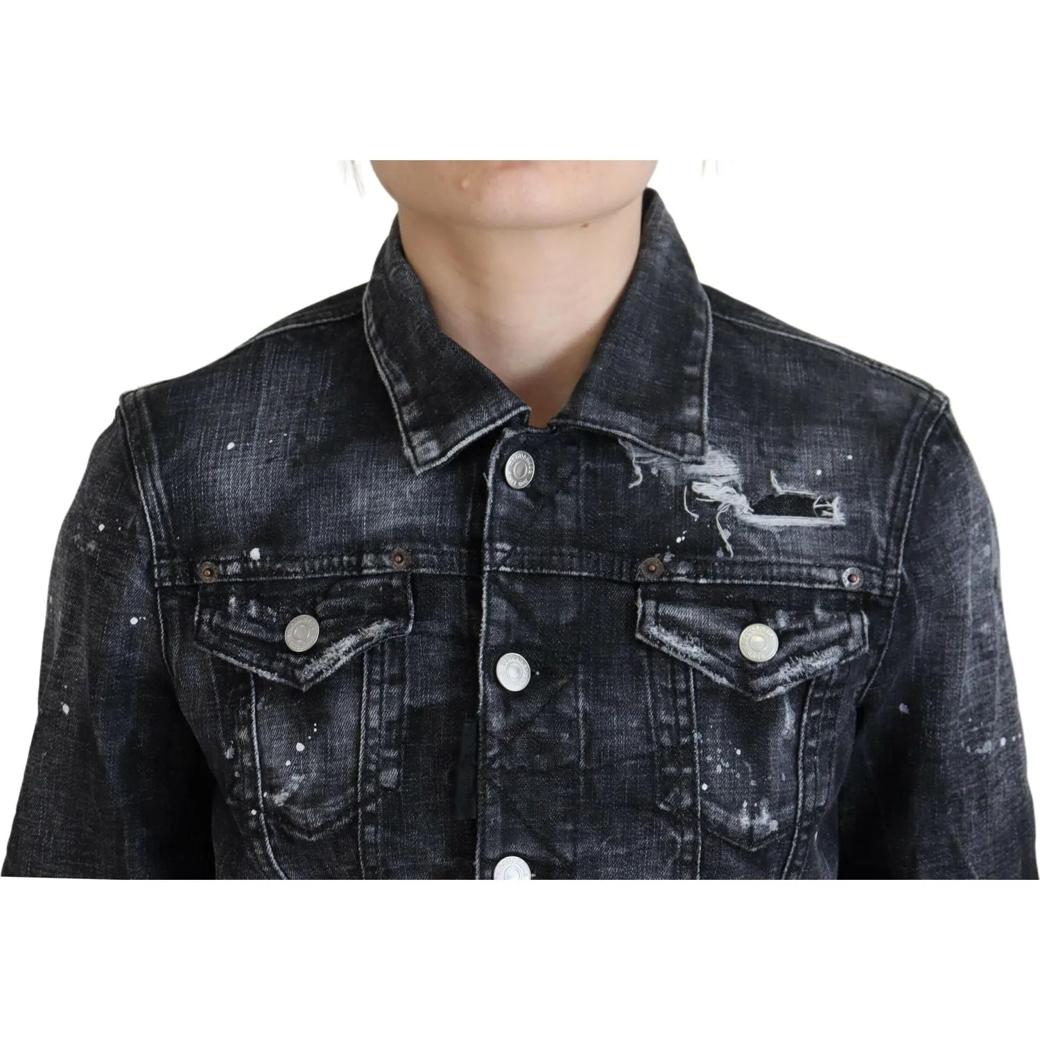 Dsquared² Gray Washed Cotton Distressed Denim Jacket