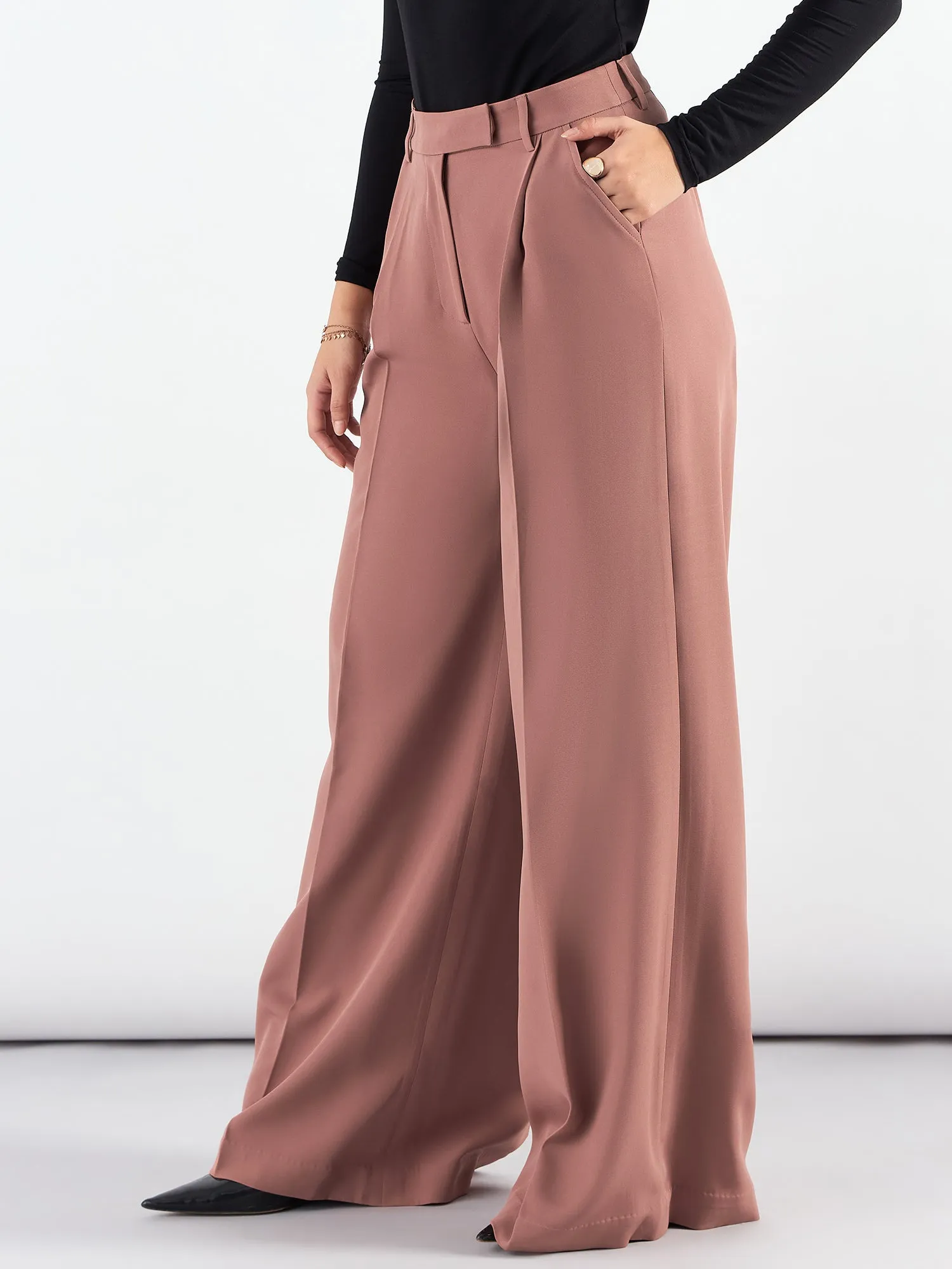 Dusty Peach Classic Relaxed Straight Fit High Waist Wide Leg Trouser In Stretchable Fabric