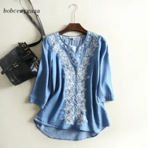 Embroidery Soft Denim V-Neck Pull-Over Blouse