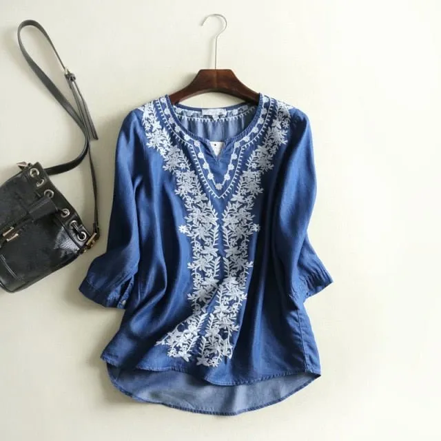 Embroidery Soft Denim V-Neck Pull-Over Blouse