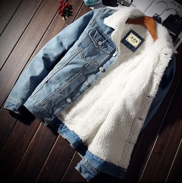 Fashion Men'S Trendy Warm Fleece Denim Jacket