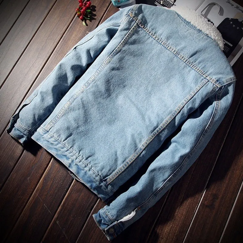 Fashion Men'S Trendy Warm Fleece Denim Jacket