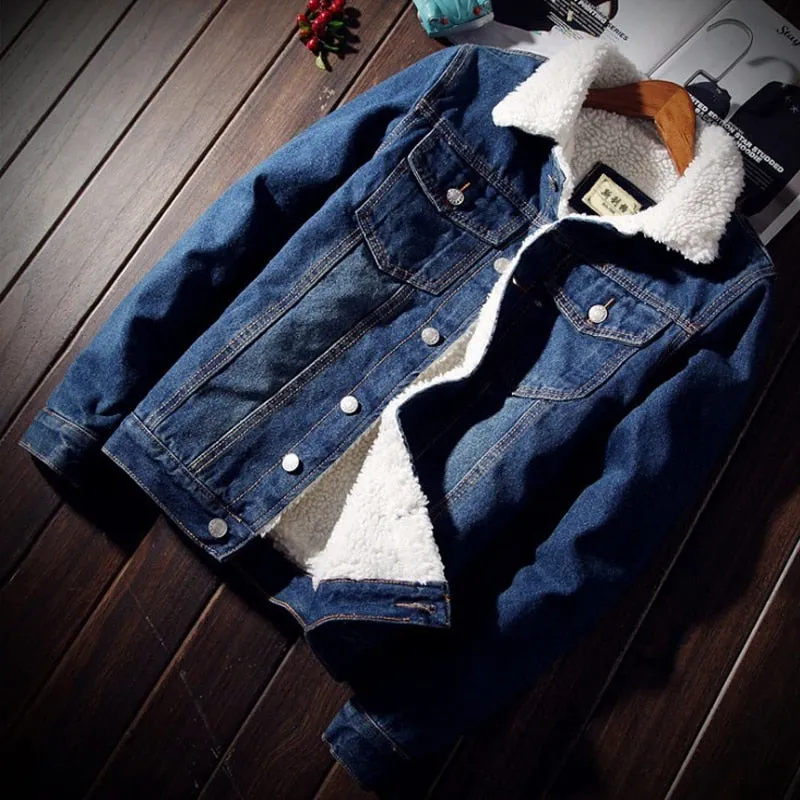 Fashion Men'S Trendy Warm Fleece Denim Jacket