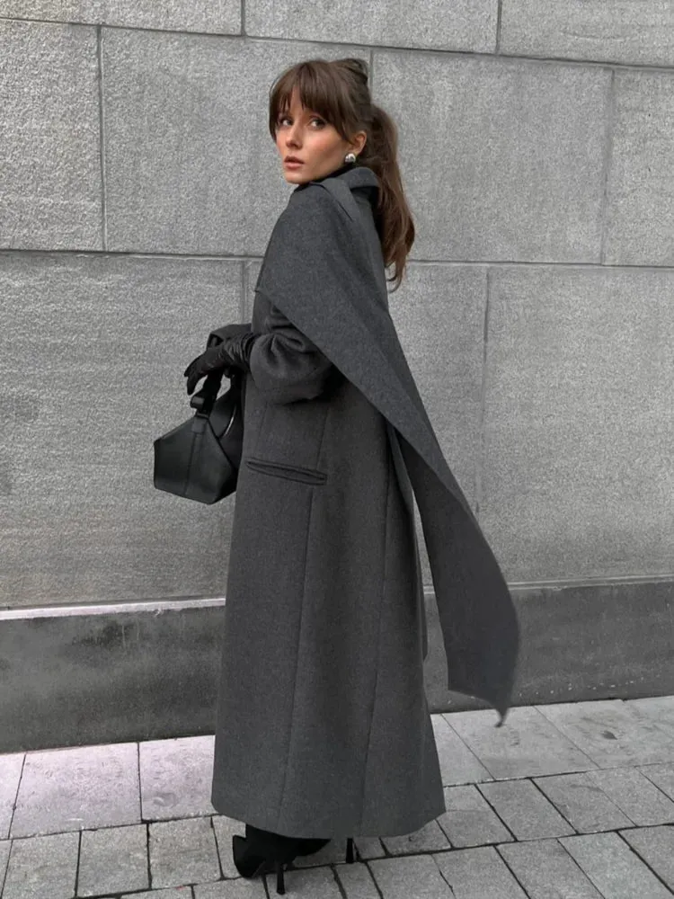 Fashionkova Elegant Oversized Scarf Collar Pockets Woolen Overcoats Women Fashion Buttons Long Sleeve Thicken Jackets 2024 Lady Outerwears