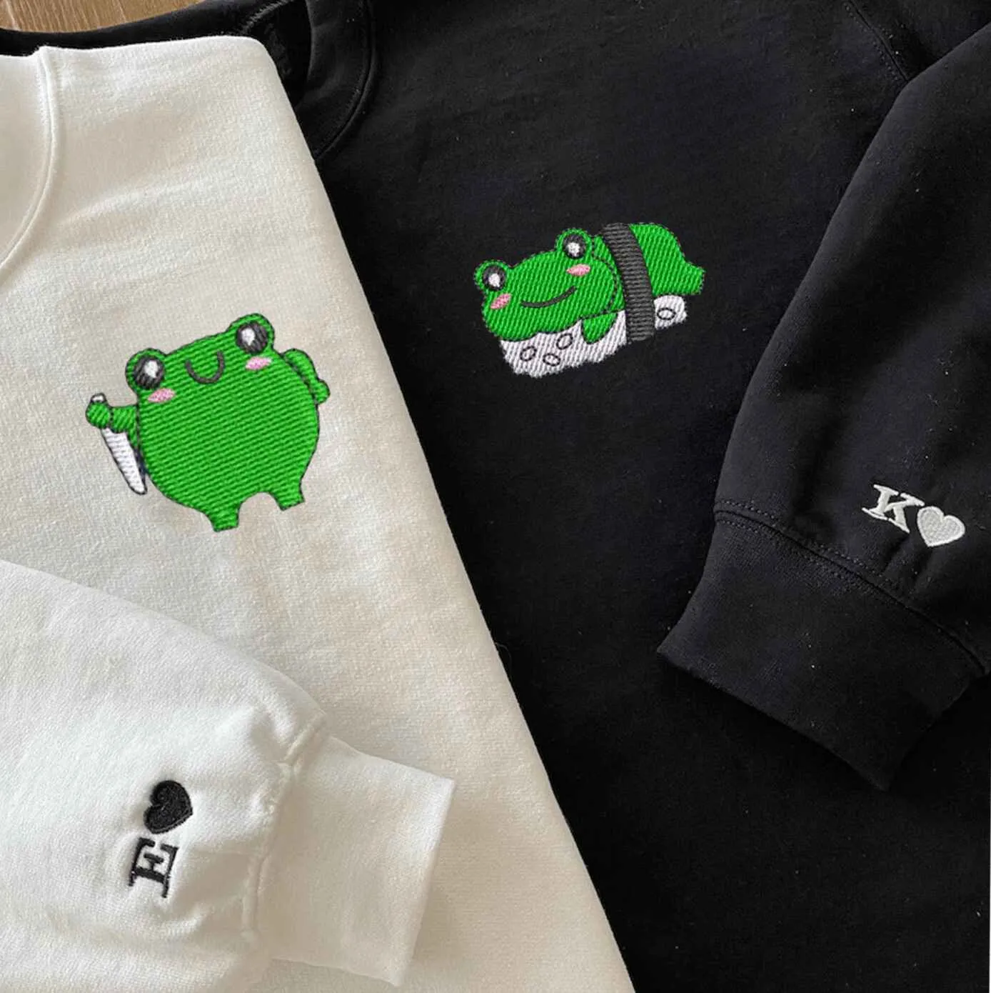 Froggy Sushi and Chef Embroidered Couple Hoodies - Custom Embroidered Sweatshirts For Couples