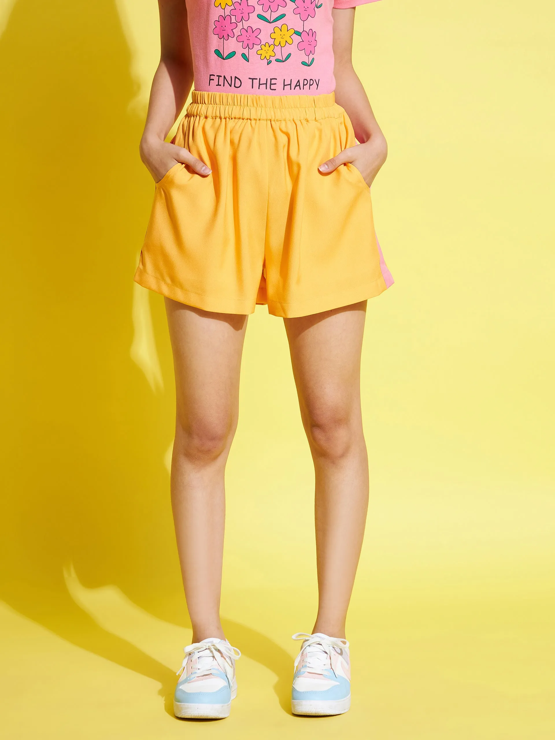 Girls Orange Side Fabric Contrast Detail Shorts