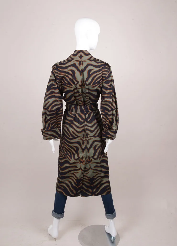 Green and Black Animal Print Belted Long Trench Coat