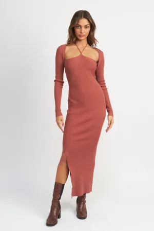 Halter Long Sleeve Sweater Maxi Dress Women's Tight Long Knit Dress Casual