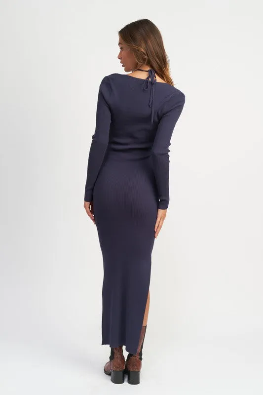 Halter Long Sleeve Sweater Maxi Dress Women's Tight Long Knit Dress Casual