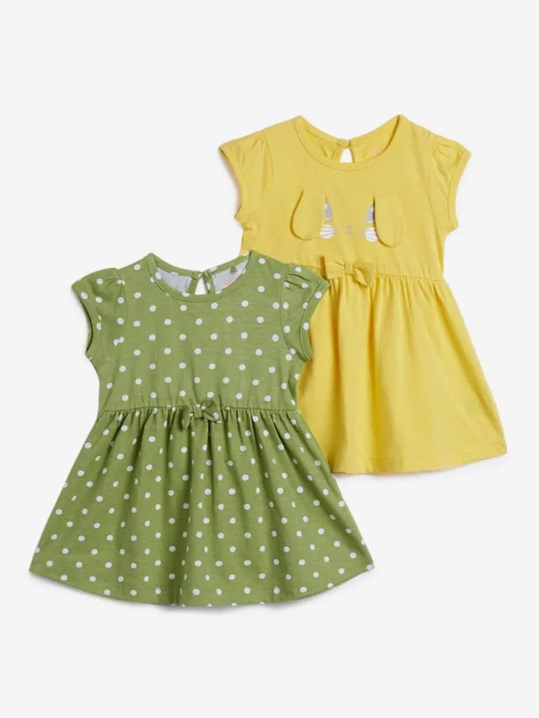 HOP Baby Yellow & Olive Print Dress Set of Two