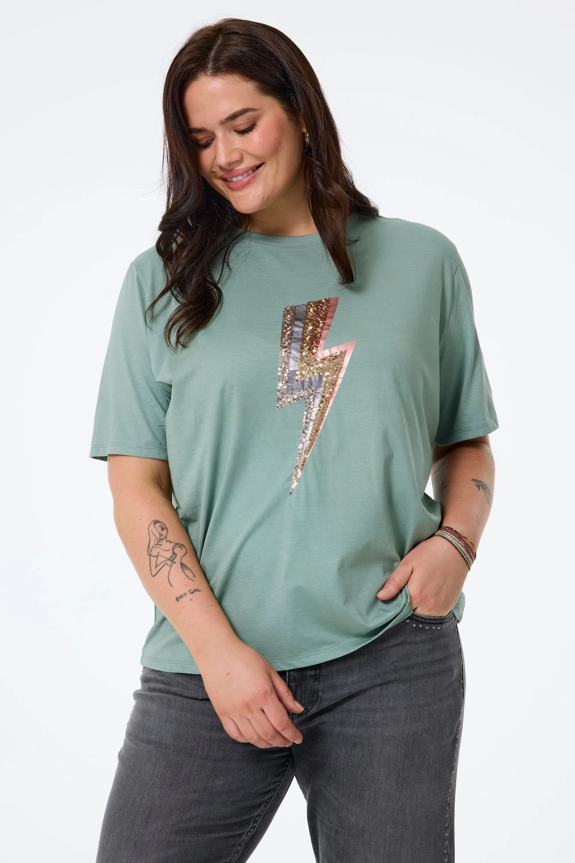 Khaki with Multi Coloured Sequin and Foil Lightning Bolt T-Shirt