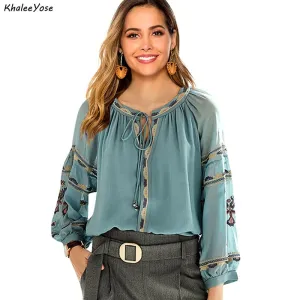 KHALEE YOSE Embroidered Tie Up Soft Poly Blend Blouse