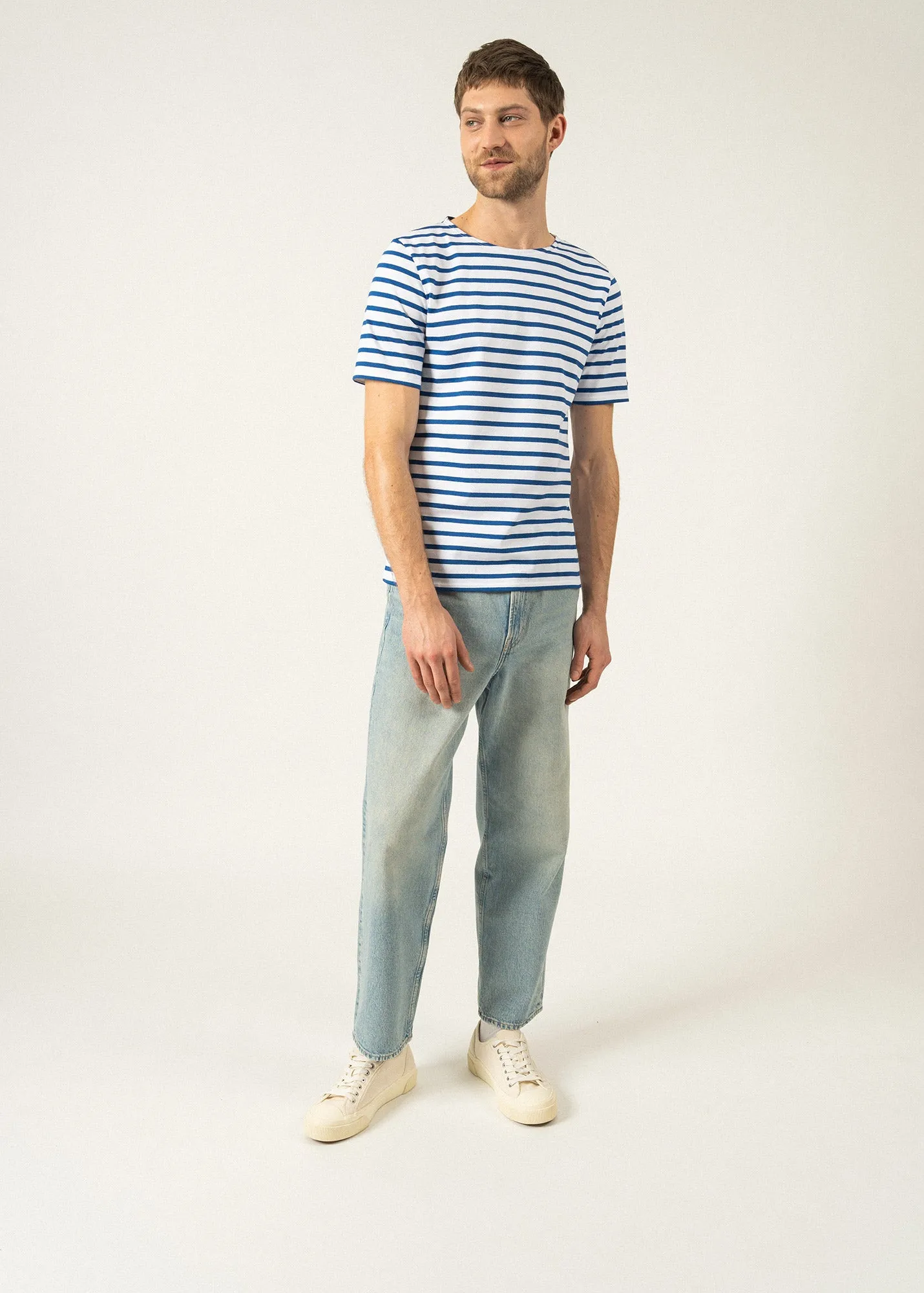 LEVANT MODERN - Breton Stripe Short Sleeve Shirt | Soft Cotton | Unisex Fit (WHITE / ROYAL BLUE)