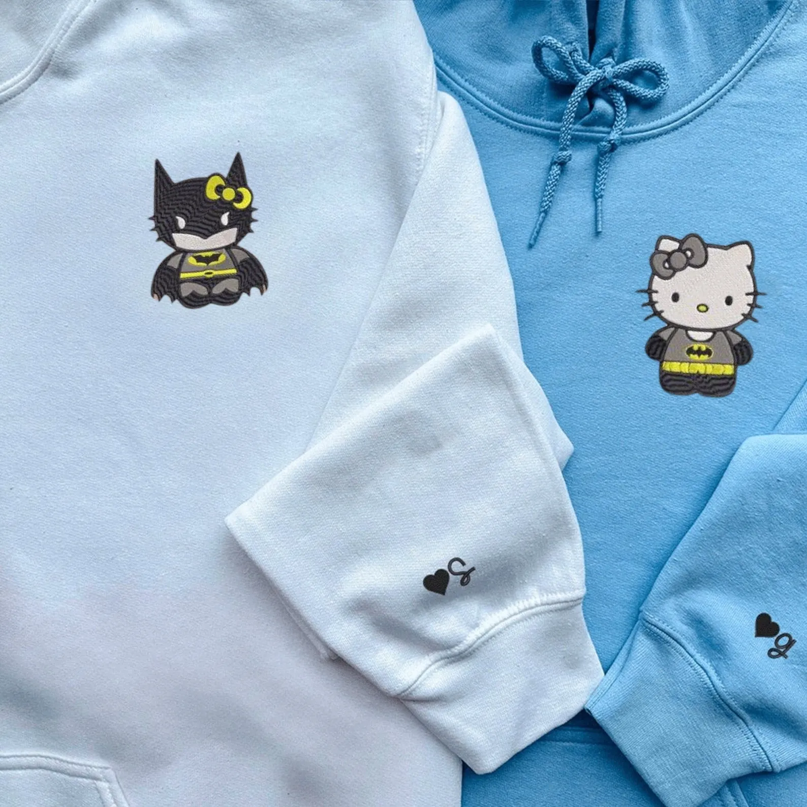 Matching Couple Hoodies - Cartoon Bat x Kitten Custom Embroidered Sweatshirts For Couples