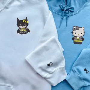 Matching Couple Hoodies - Cartoon Bat x Kitten Custom Embroidered Sweatshirts For Couples