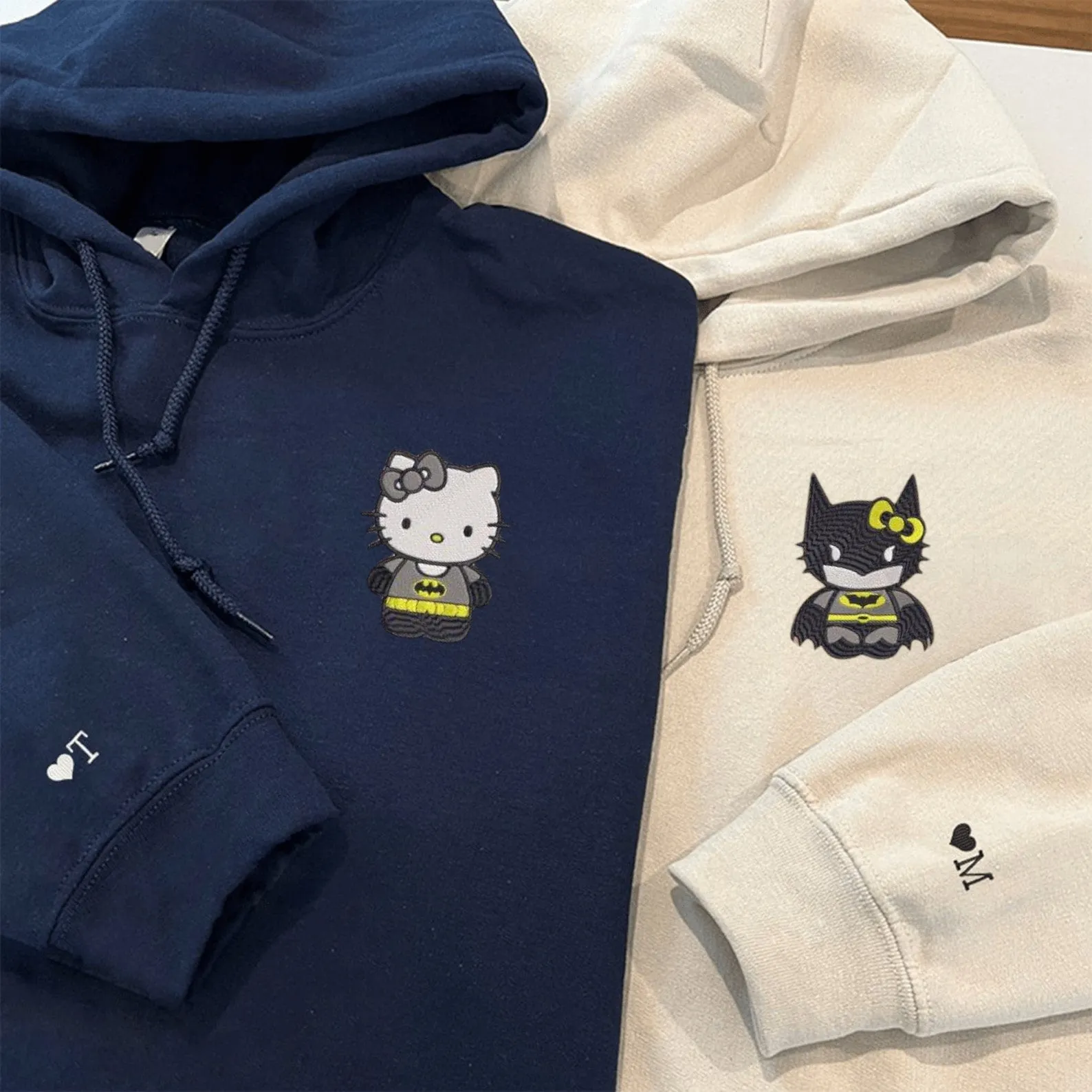 Matching Couple Hoodies - Cartoon Bat x Kitten Custom Embroidered Sweatshirts For Couples