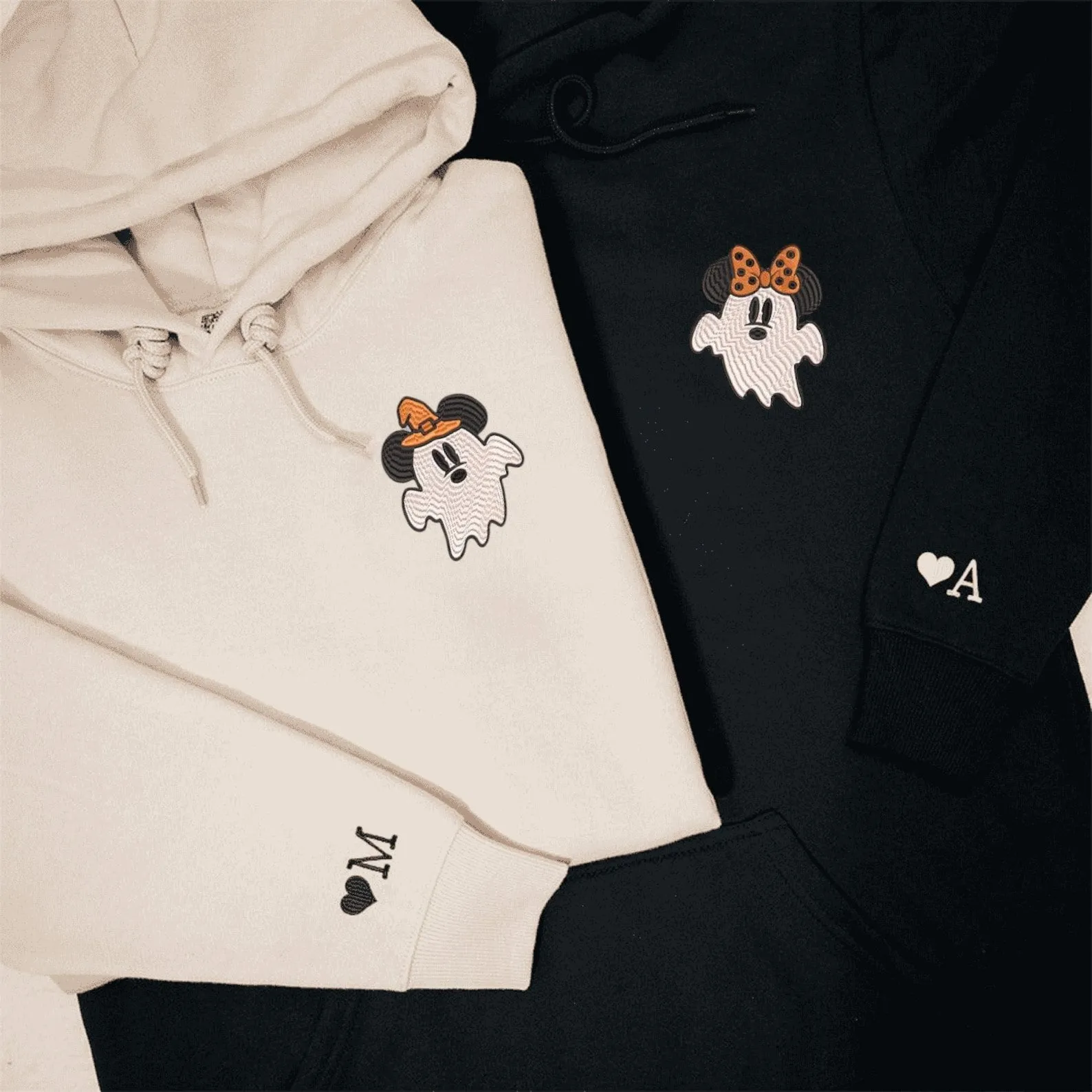 Matching Couple Hoodies - Cartoon Mouses Ghost Spooky Couple Custom Embroidered Sweatshirts For Couples