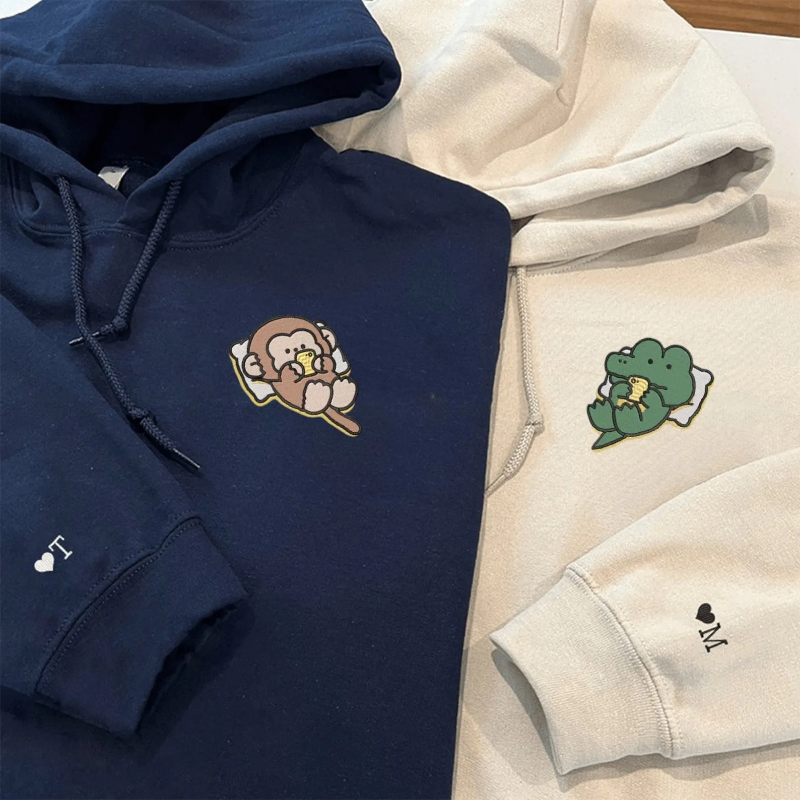 Matching Couple Hoodies - Crocodile x Monkey Couple Custom Embroidered Sweatshirts For Couples