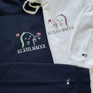 Matching Couple Hoodies - Cute Dino Couple Roman Numeral Custom Embroidered Sweatshirts For Couples