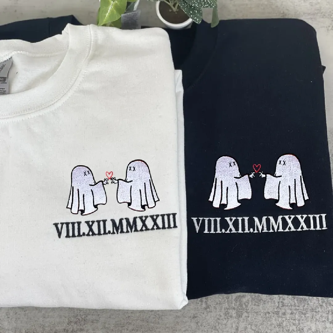 Matching Couple Hoodies - Ghost Couple Roman Numeral Date Matching Hoodies