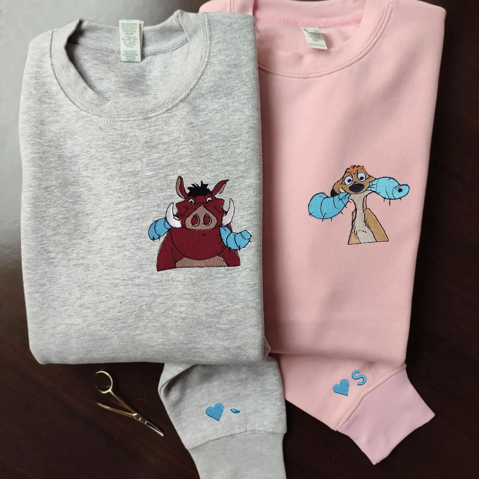 Matching Couple Hoodies - Timon and Pumbaa Custom Embroidered Couples Matching Hoodies