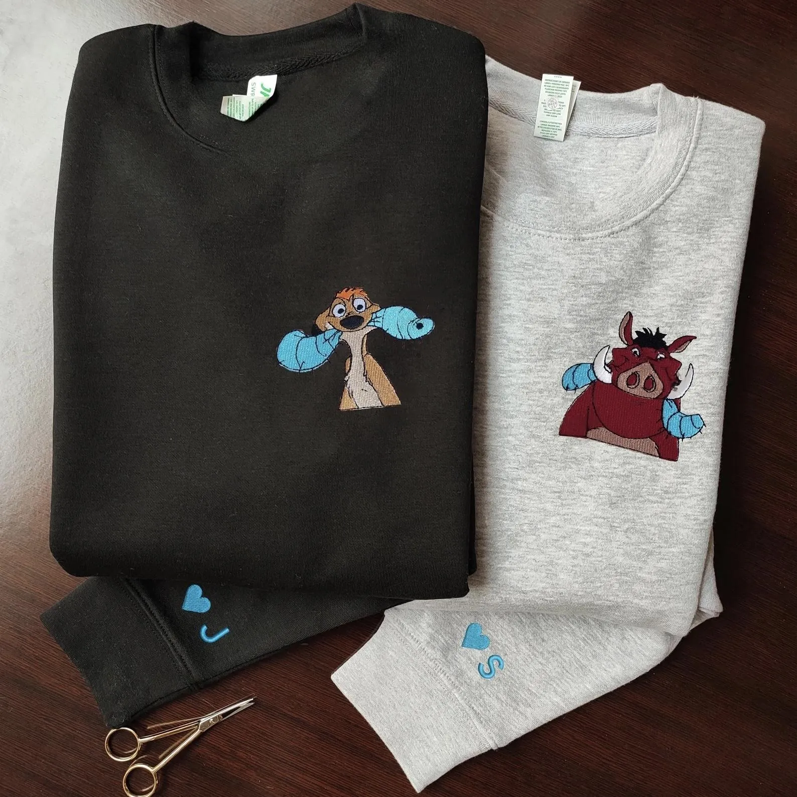 Matching Couple Hoodies - Timon and Pumbaa Custom Embroidered Couples Matching Hoodies